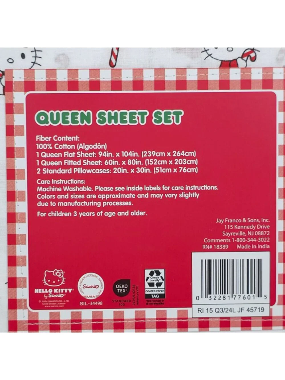 Hello Kitty & Friends Queen Sheet Set 100% Cotton Holiday Candy Canes Christmas